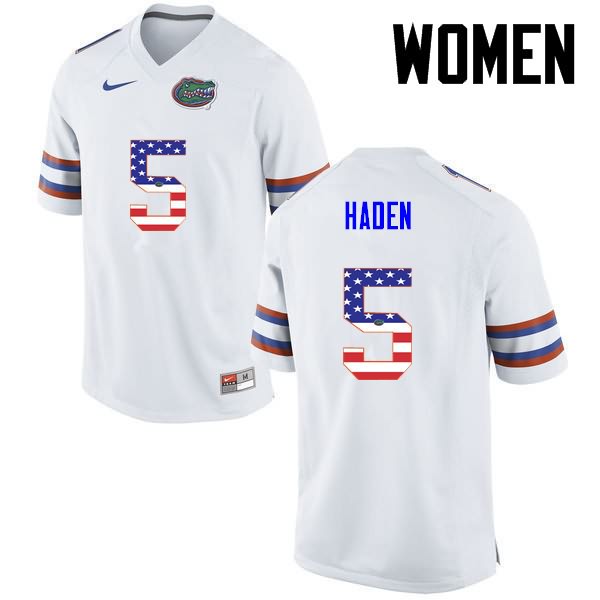 Women's NCAA Florida Gators Joe Haden #5 Stitched Authentic USA Flag Fashion Nike White College Football Jersey JOR5565MH